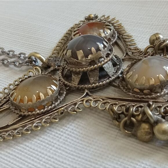 Vintage Indian Agate Claw Set Multicolored Stones Large Metal Pendant Necklace - Picture 4 of 12